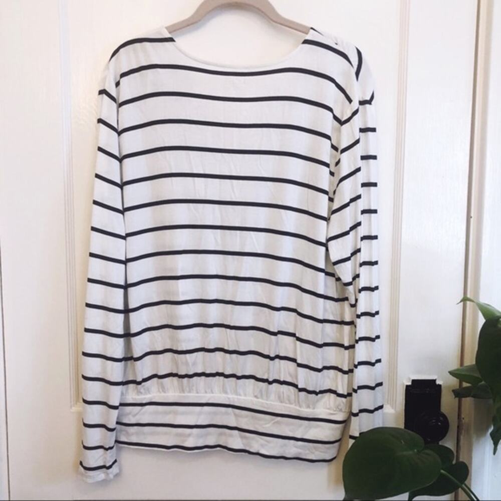LOFT White & Black Striped Wrap Top with Banded Hem - Picture 4 of 11